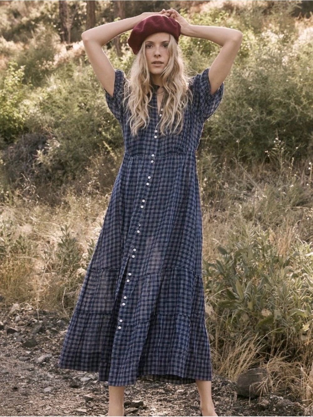 Dôen Revi dress in blue cottage plaid size L with elastic waist